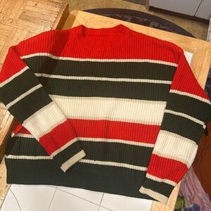 Striped Crewneck Sweater - Red, Olive & Cream